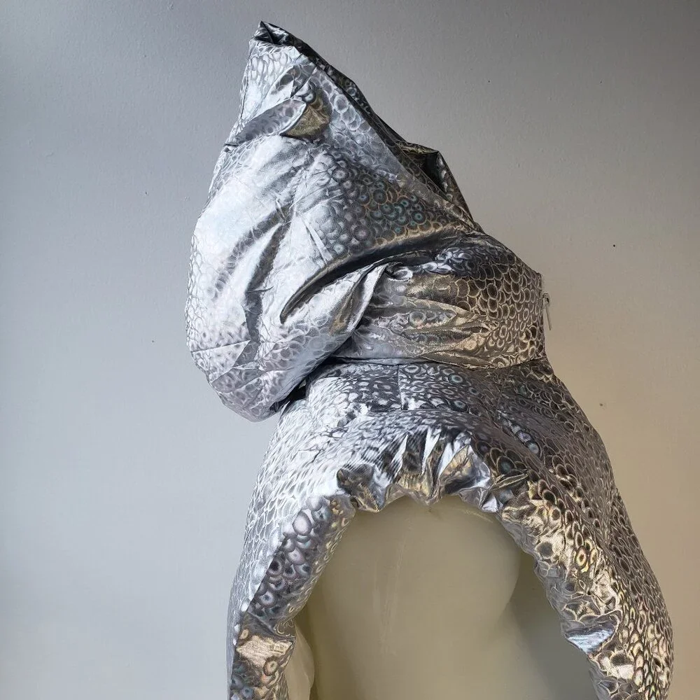 Silver Shine Holographic Crop Puffer Vest Rave Gem Y2K Style Zip + Side Strings - Picture 6 of 12